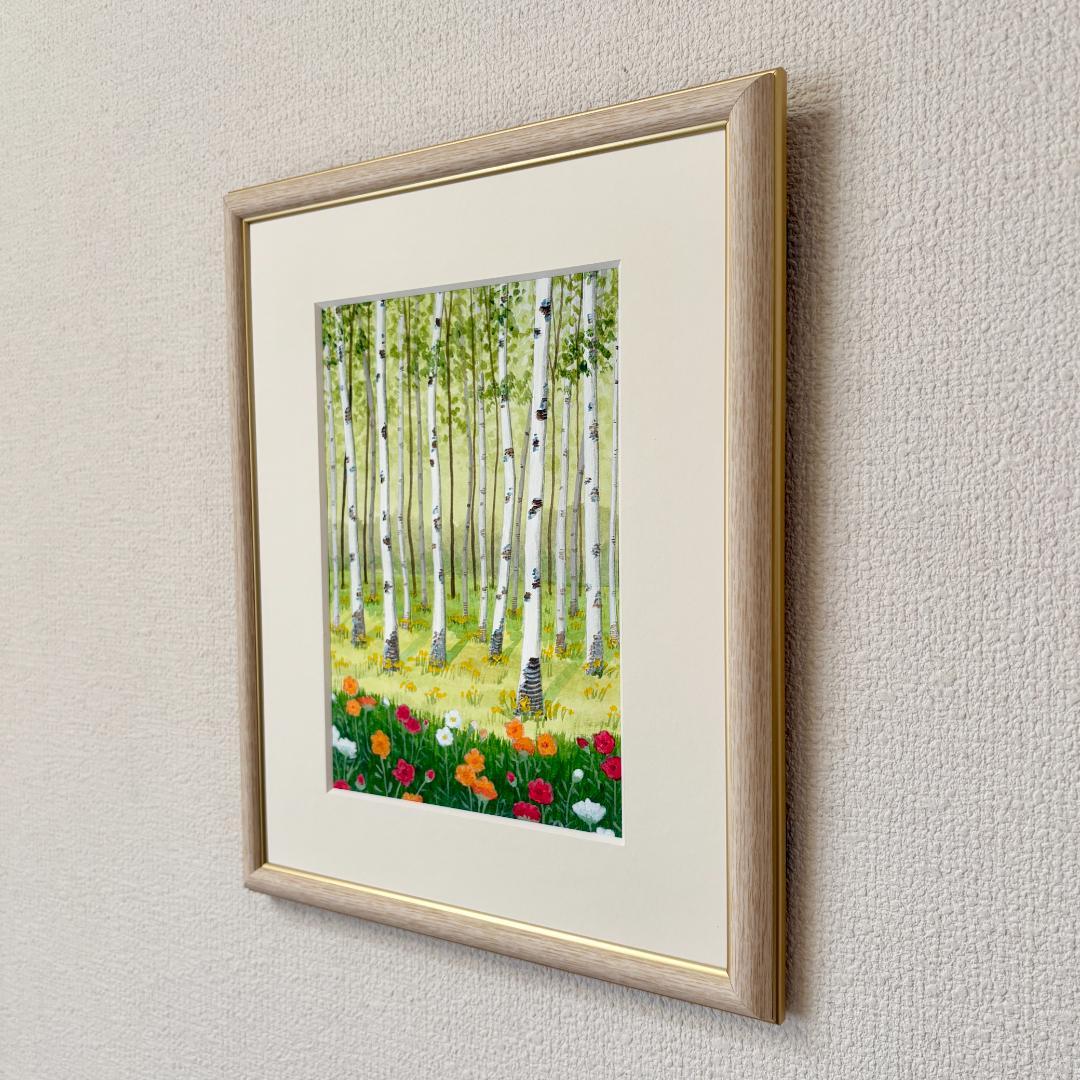 アクリル画　原画　「白樺林02」額縁付き　SMサイズ　風景画