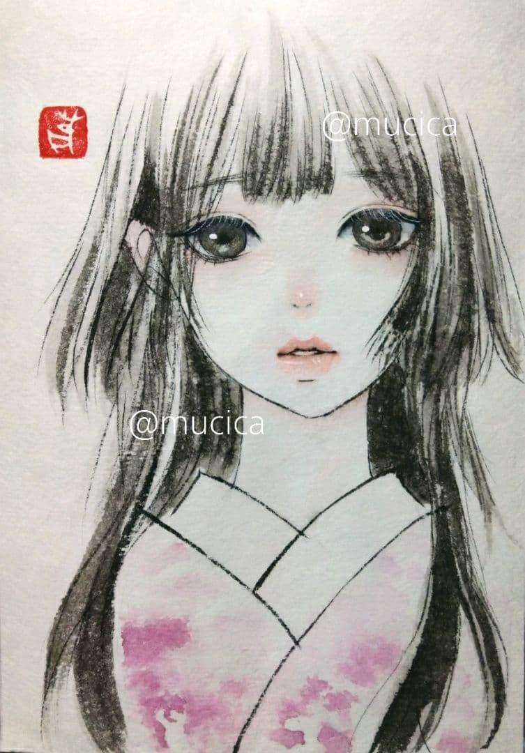 専用　手描きイラスト《姫カットの和装少女》　肉筆原画　墨彩画　美人画　絵画