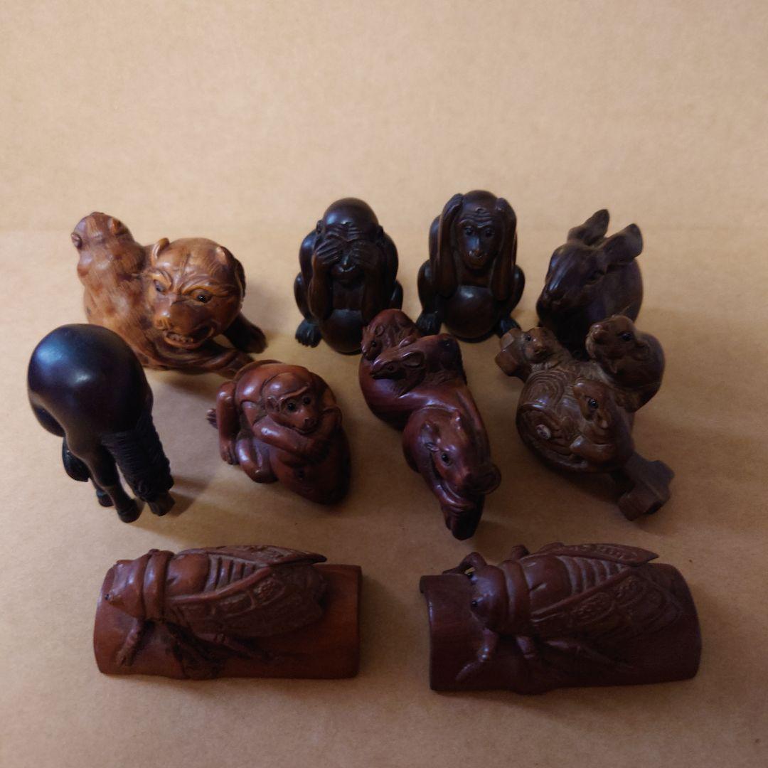 根付 木製動物彫刻 10個セット 日昇他 古美術 浮彫 木製 縁起物