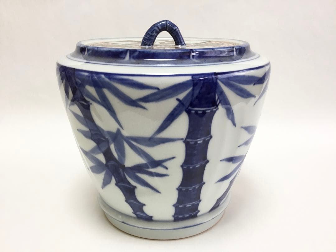 茶道具 古物品 水指 染付 竹の絵 玉堂 木箱入