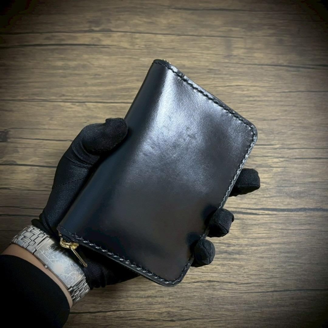 総手縫い ラウンドジップ ミドルウォレット 本革 牛革 ブラック 黒