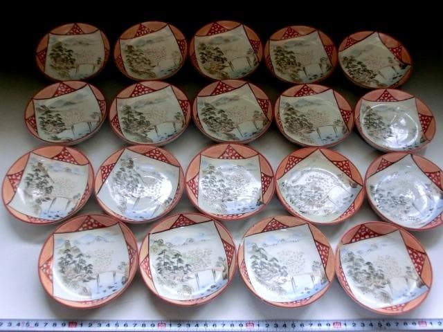 小皿■古九谷焼き 赤絵 19枚 窓絵 山水 松 梅(江戸後期～明治期) 時代物■