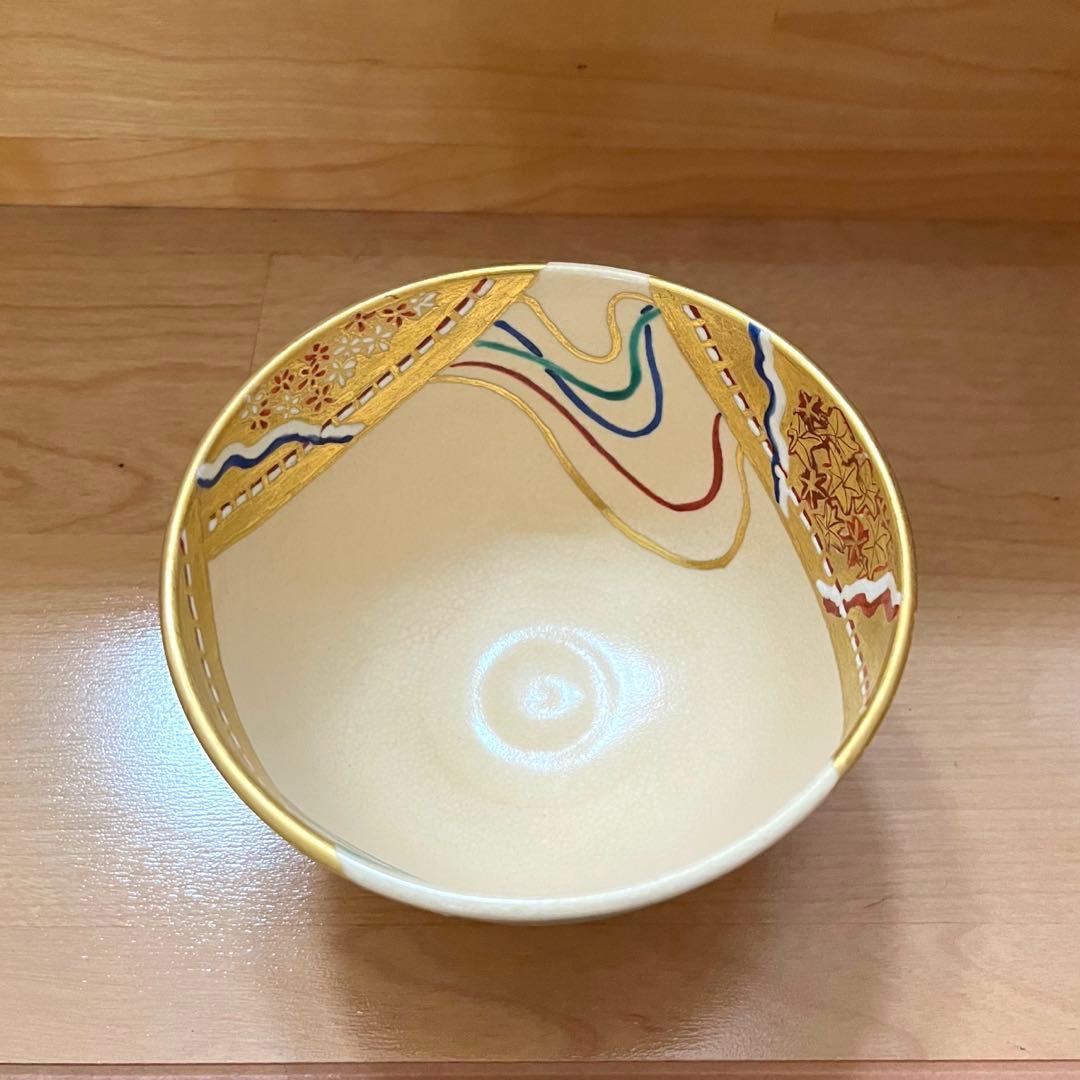 京焼　仁清写扇面流茶碗　西村徳泉造　金襴手　茶道具