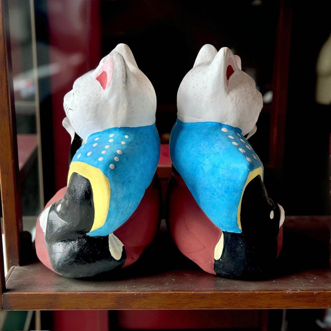 古玩 大阪府 郷土玩具 住吉大社 初辰猫 土人形 中猫×2 一対 縁起物 招き猫