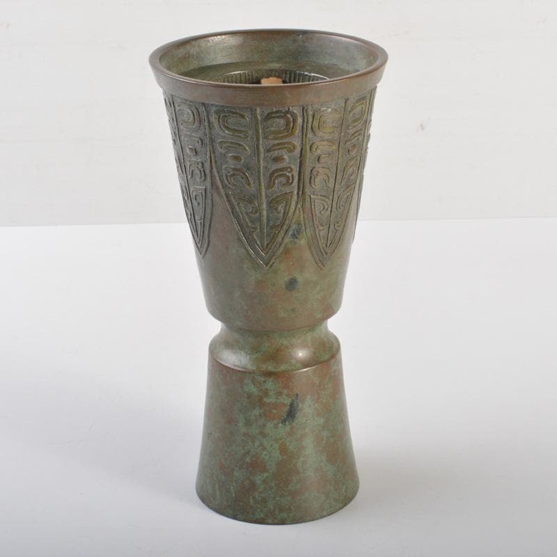 松華堂　古銅青銅　杵型　饕餮文花瓶　花器　共箱　N　6389