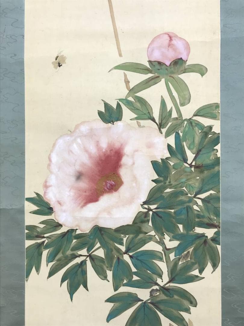 【真作】竹内鳴鳳/牡丹に蜂図/ボタン図/花図/掛軸/名家伝来/AD-822