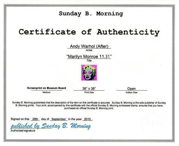 Sunday B Morning マリリンモンロー ウォーホル額装品　証明書付