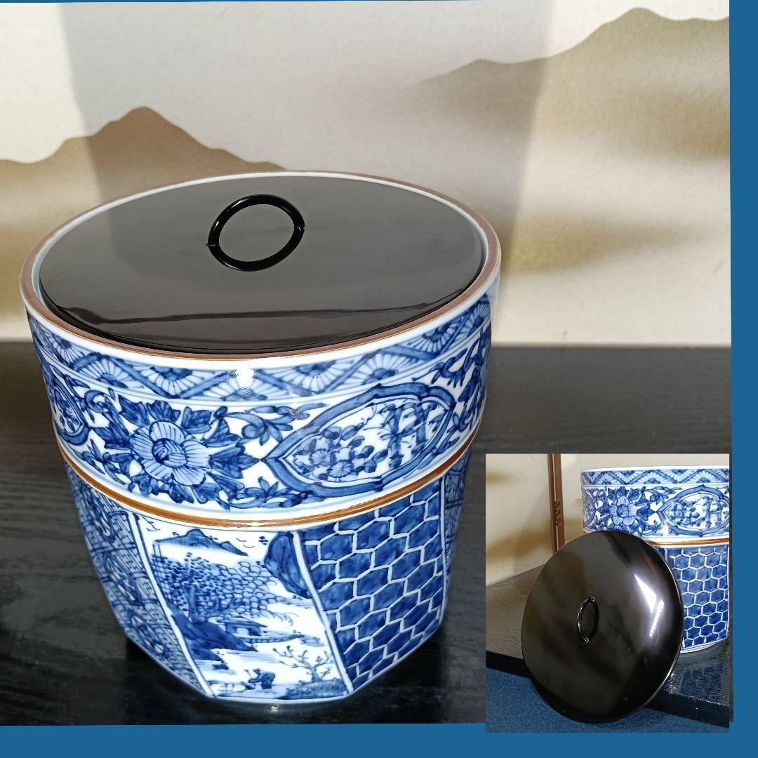 AN77 茶道具 高野昭阿弥造 水指 染付腰捻水差 木製漆蓋付 共箱未使用