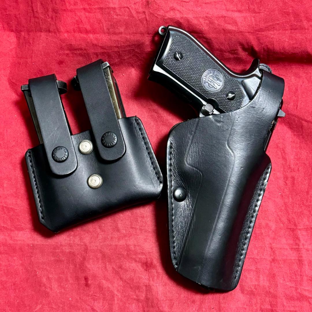 整備済 黒革製 ベレッタ M92F用 ヒップホルスター＆マガジンポーチ セット