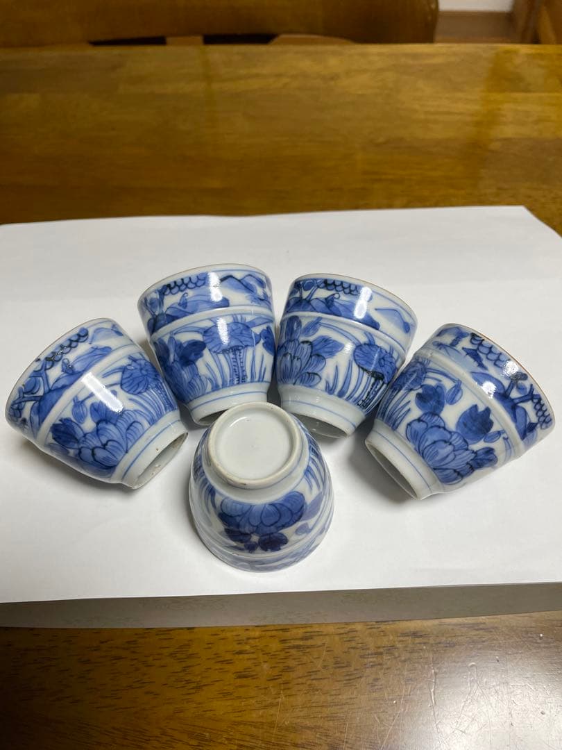 染付帯巻煎茶碗5客揃　骨董