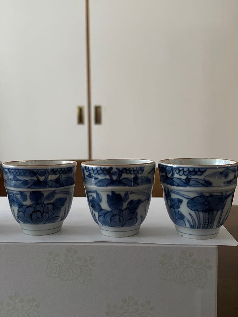 染付帯巻煎茶碗5客揃　骨董