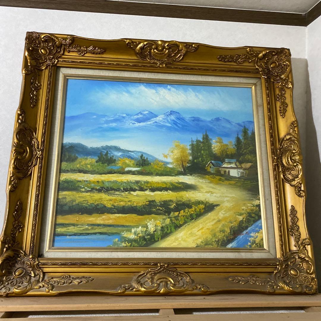 風景画 秋の山と田畑 金色フレーム