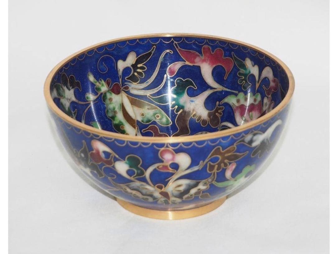 送料無料　珍しい銅胎有線七宝碗（景泰藍）両面加工★希少★