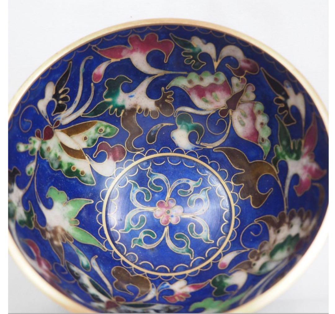 送料無料　珍しい銅胎有線七宝碗（景泰藍）両面加工★希少★