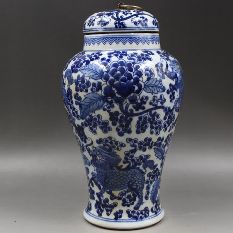 清同治青花穿花麒麟紋茶蓋缶 景徳鎮 陶磁器 装飾品 現代工芸品 美術品 置物