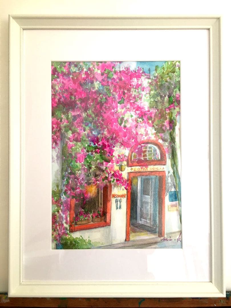 気まぐれSALE！　ブーゲンビリア咲くレストラン　透明水彩画　ホワイト額入り