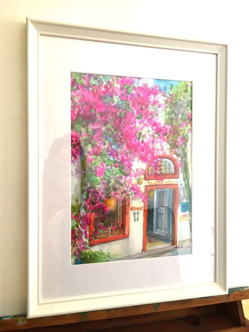 気まぐれSALE！　ブーゲンビリア咲くレストラン　透明水彩画　ホワイト額入り