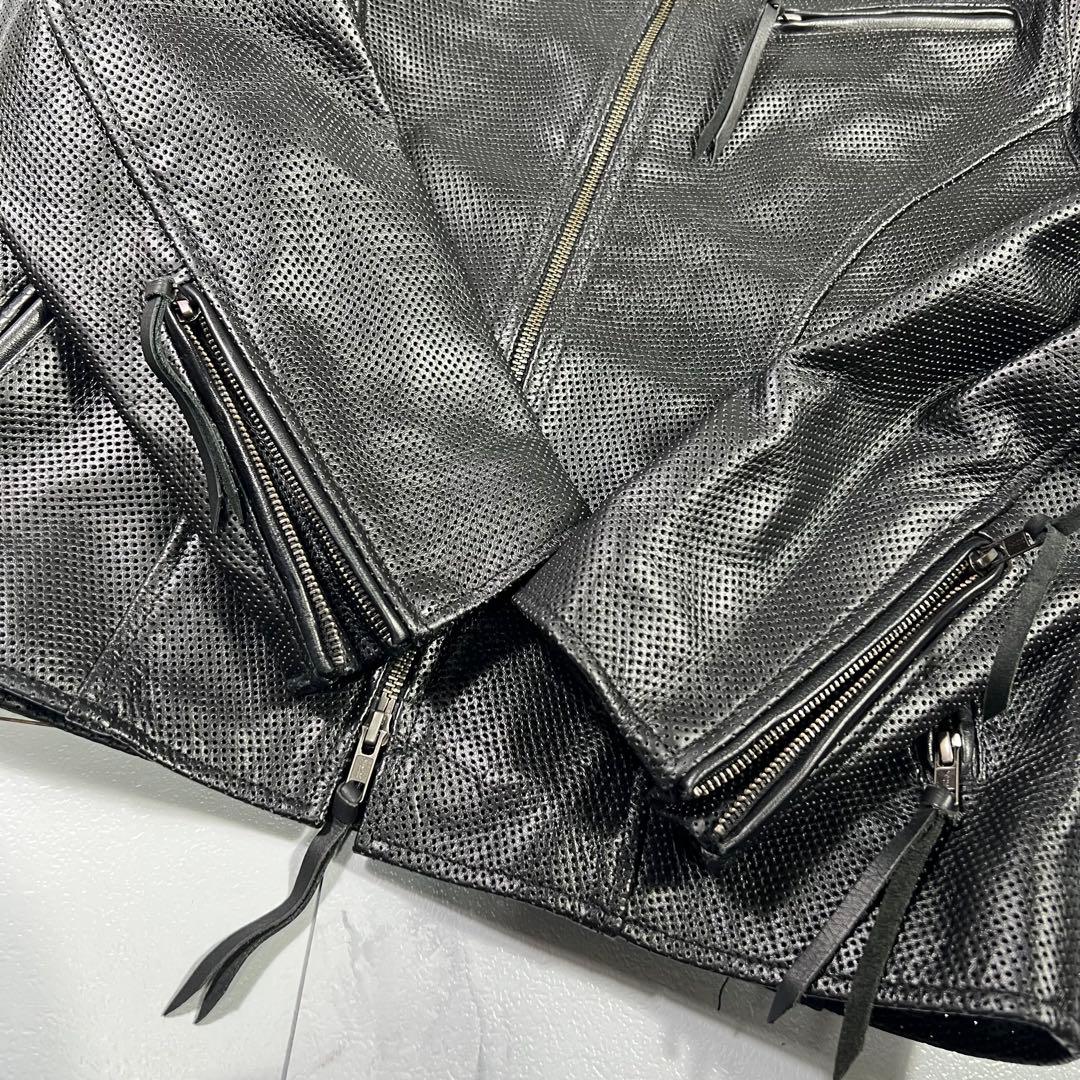 極美品 リューグーレザーズ ブラックパンチングレザー ライダースジャケット Ｌ