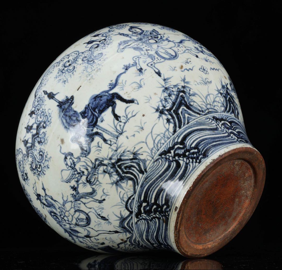 中国古玩 青花 染付 人物騎馬図 大壺30㎝ 飾壺 唐物 時代物 古美術 骨董品