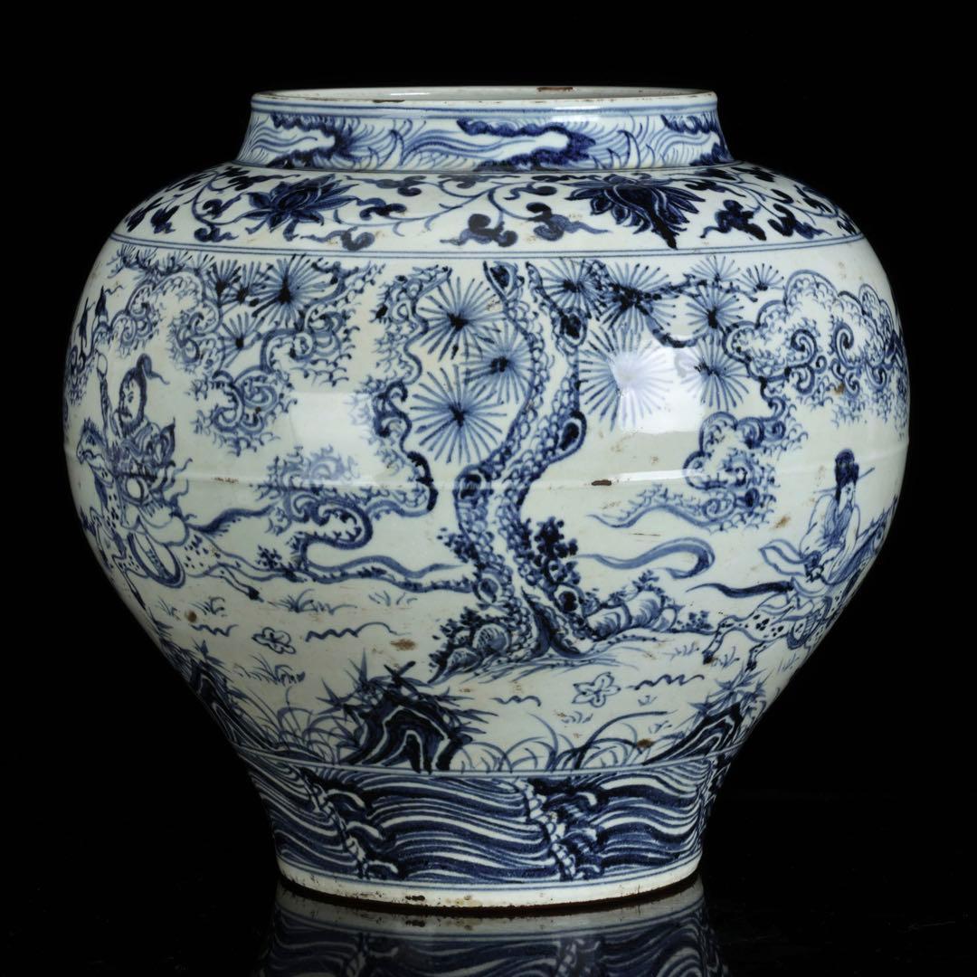 中国古玩 青花 染付 人物騎馬図 大壺30㎝ 飾壺 唐物 時代物 古美術 骨董品