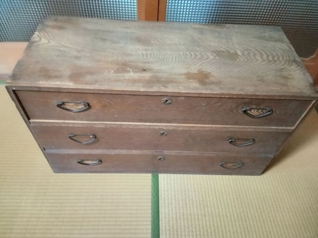 昭和レトロ　当時物　木製タンス 3段 引き出し付き　ヴィンテージ
