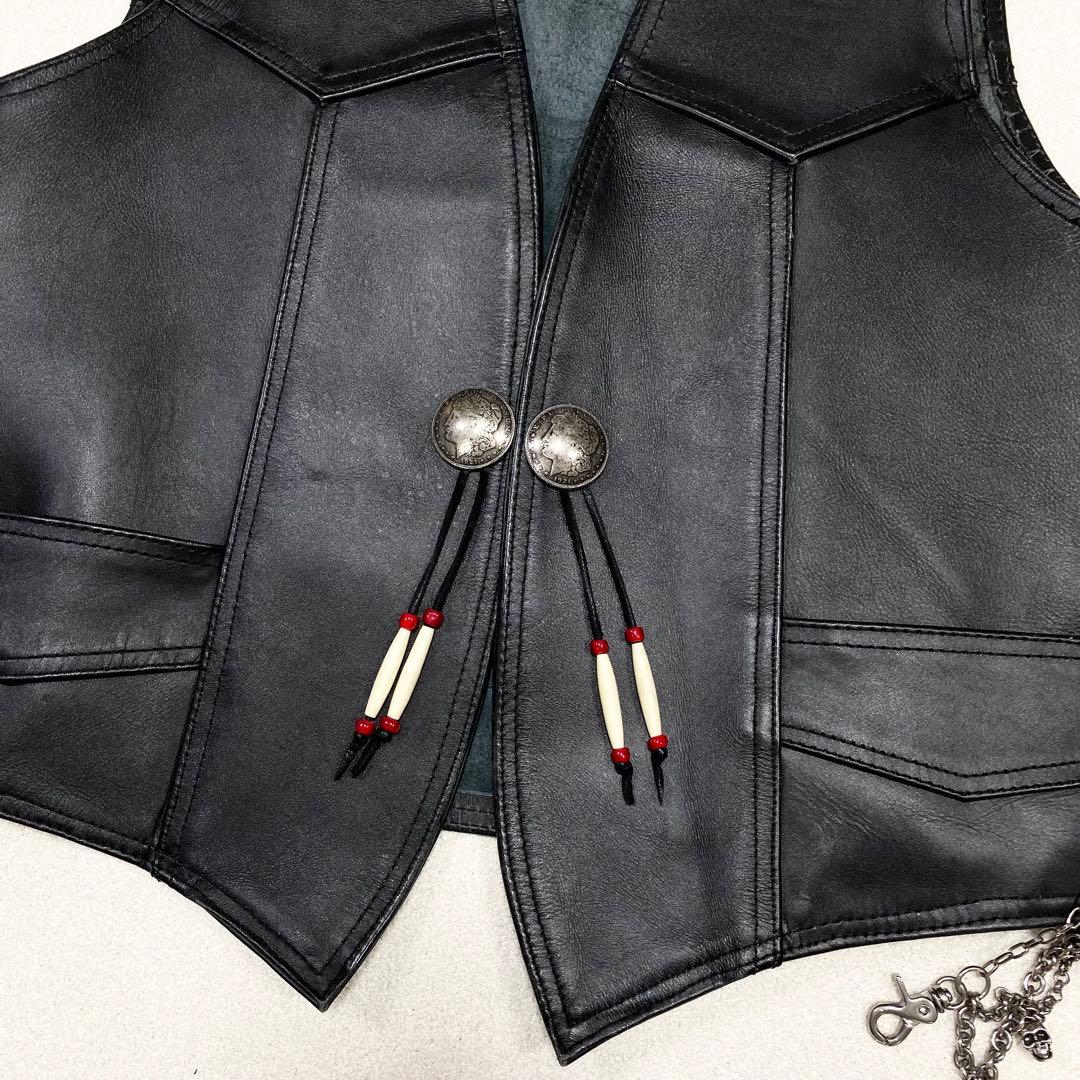 極美品✨ HEAVY レザー バイカー ベスト 42 コンチョ ブラック