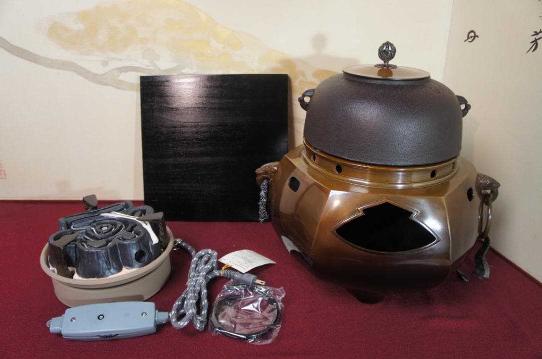 ☆美品 未使用 在銘真形釜添え 唐銅六角風炉 500W電熱器(可変)送料込み