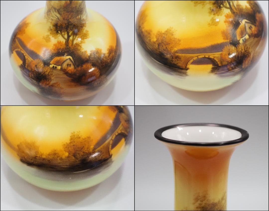 明治期里帰りノリタケM-JAPAN印 HANDPAINTED 湖夕焼け風景花瓶