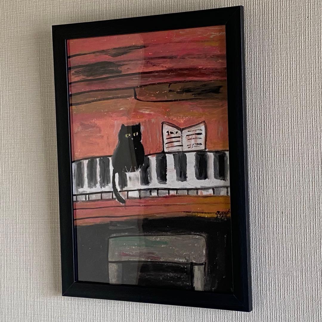 絵画。壁掛け原画【ピンクのピアノ童話とかわいい黒猫】