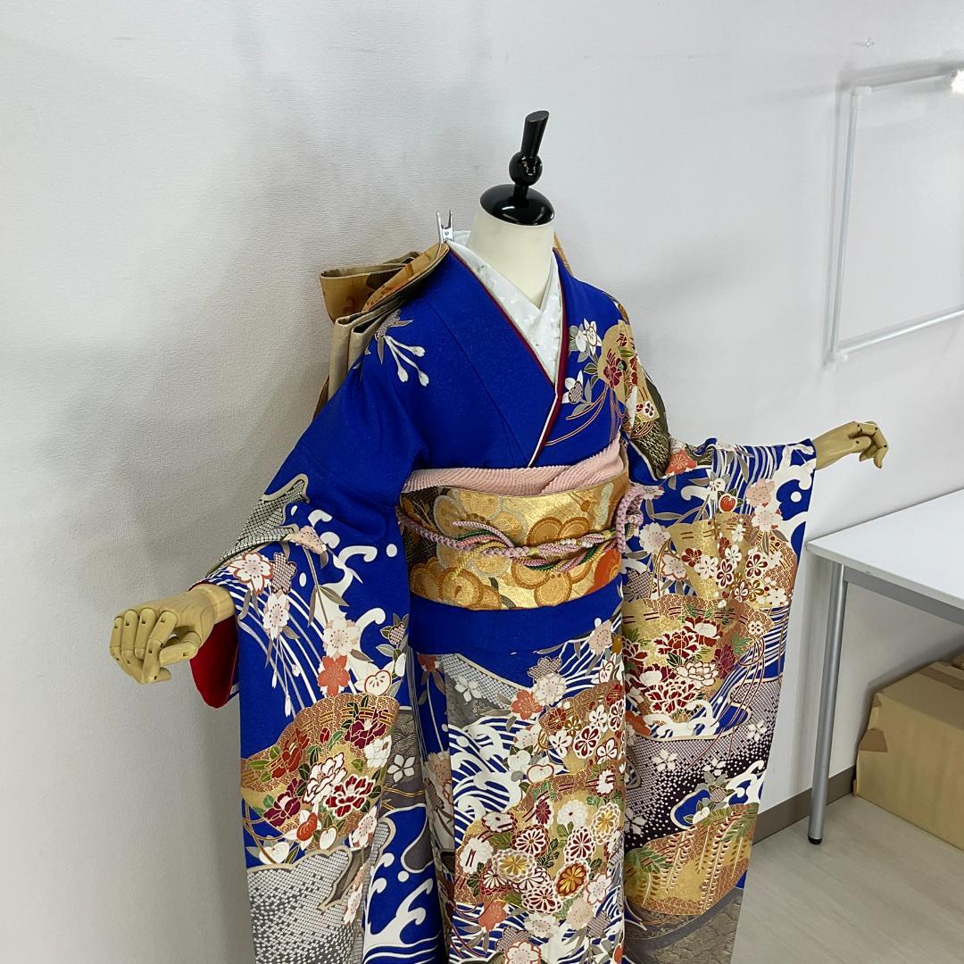 イナコ　お振袖フルセット　7点セット　青　雲取波に檜扇　正絹　美品