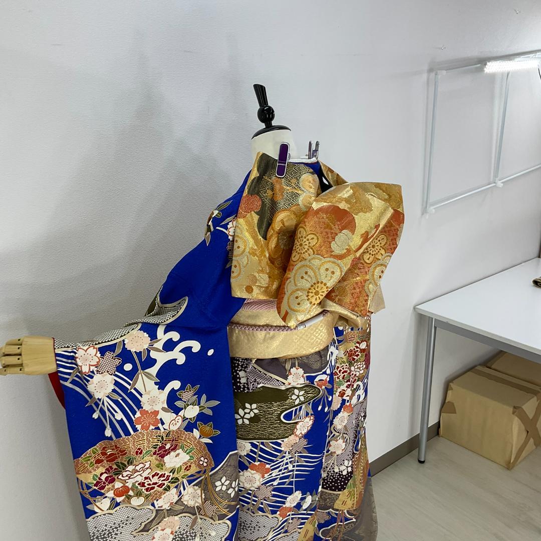 イナコ　お振袖フルセット　7点セット　青　雲取波に檜扇　正絹　美品