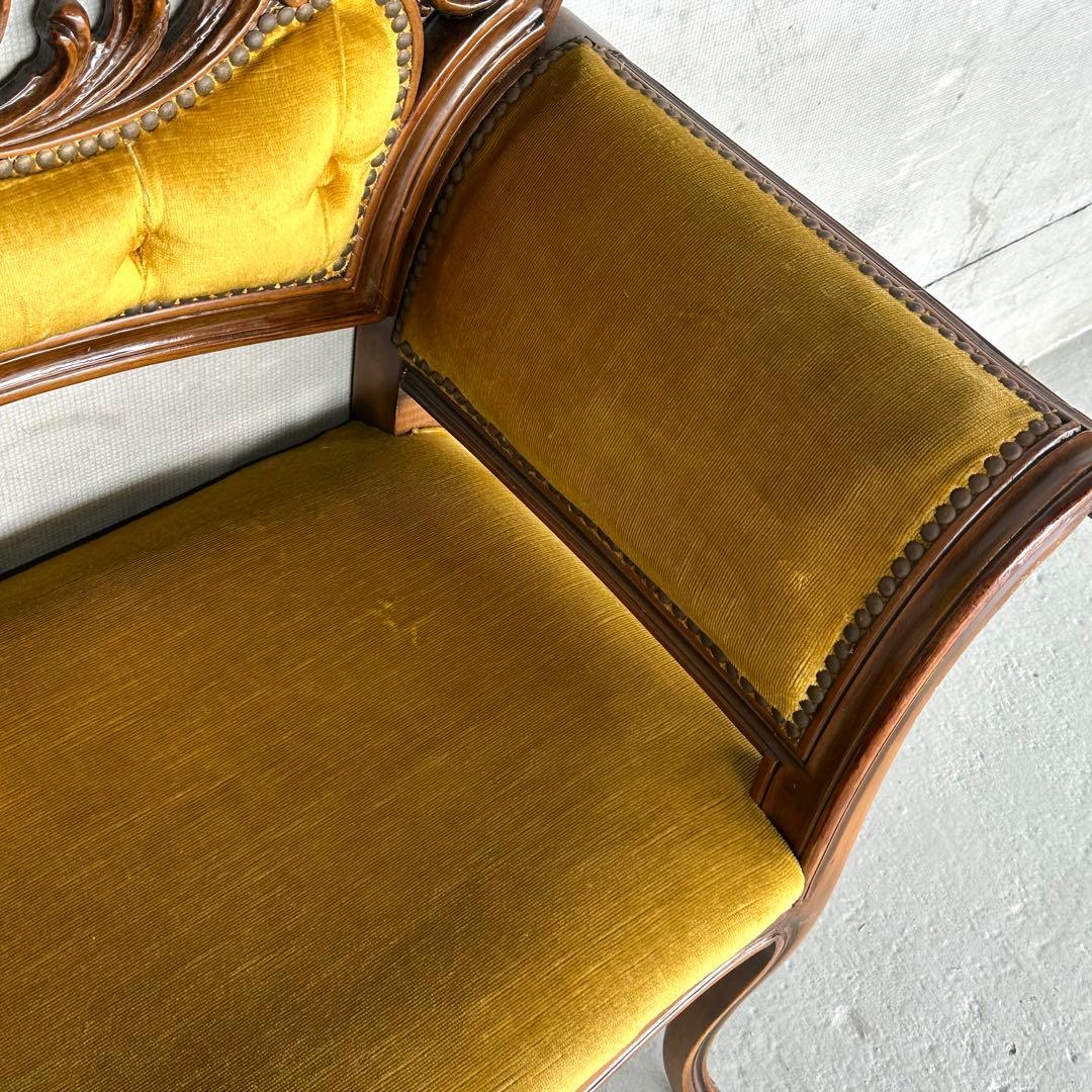 ✦80s✦ アンティークソファ カウチ ベルベット ゴールド 彫刻 ヴィンテージ