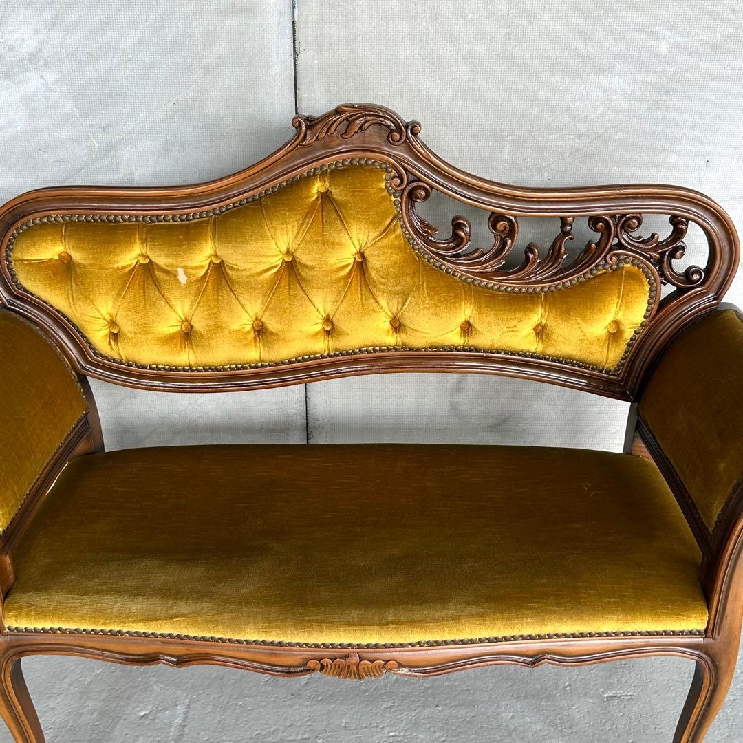✦80s✦ アンティークソファ カウチ ベルベット ゴールド 彫刻 ヴィンテージ