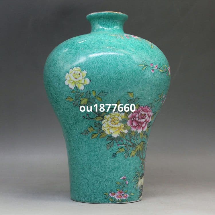 緑地琺瑯彩掻花花鳥梅瓶 景徳鎮 陶磁器 装飾品 現代工芸品 美術品 置物