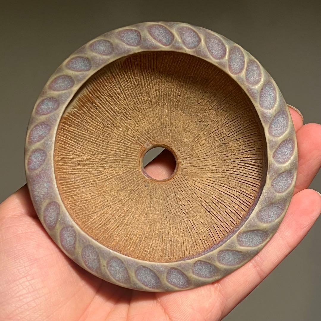 827.虹泉 紫釉釉反緣丸 盆栽鉢 植木鉢 10.3*3.6cm