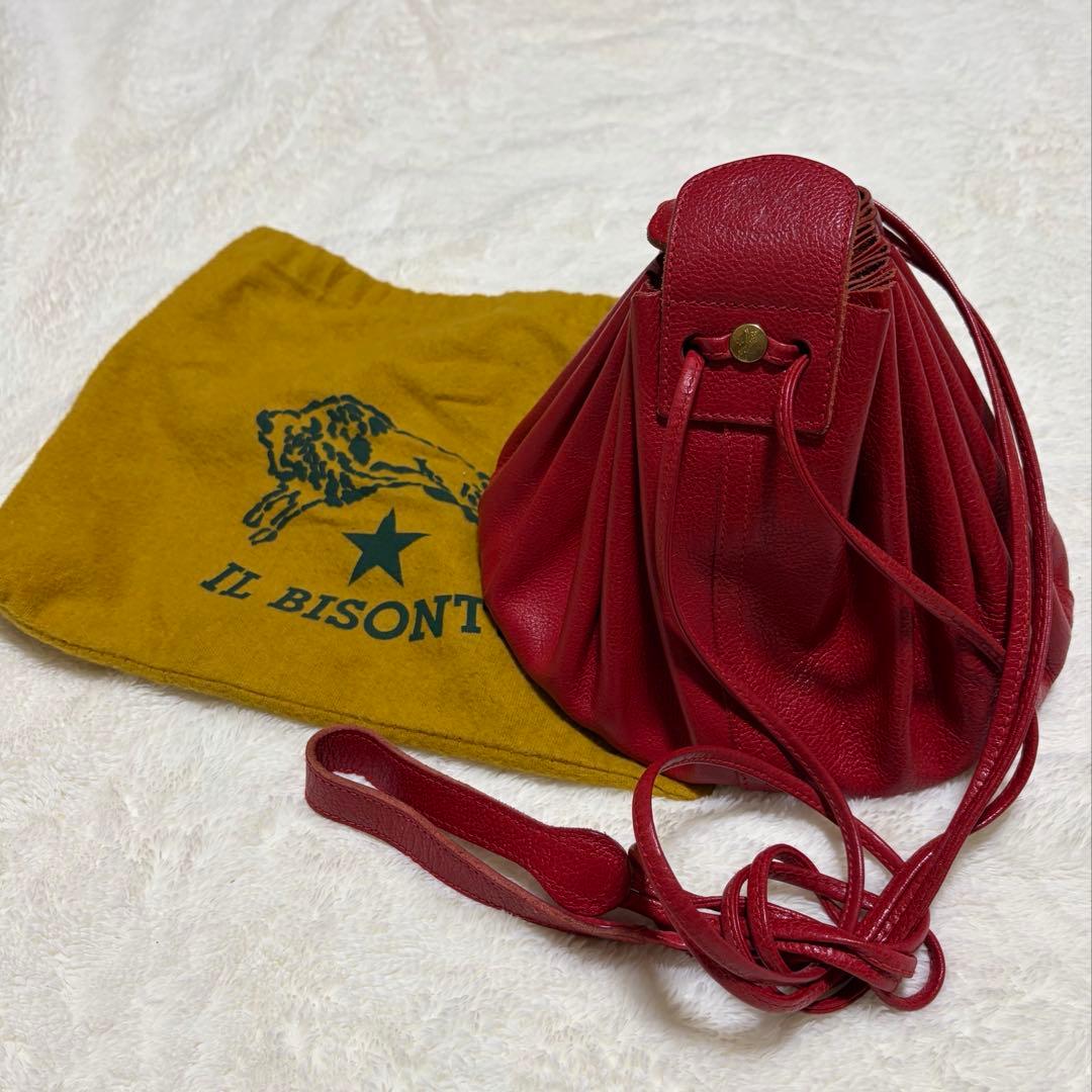 IL BISONTE レザー巾着型ショルダーバッグ レッド