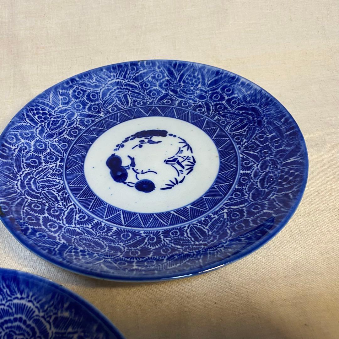 伊万里　古伊万里　中皿　花の図　松竹梅　染付　3客