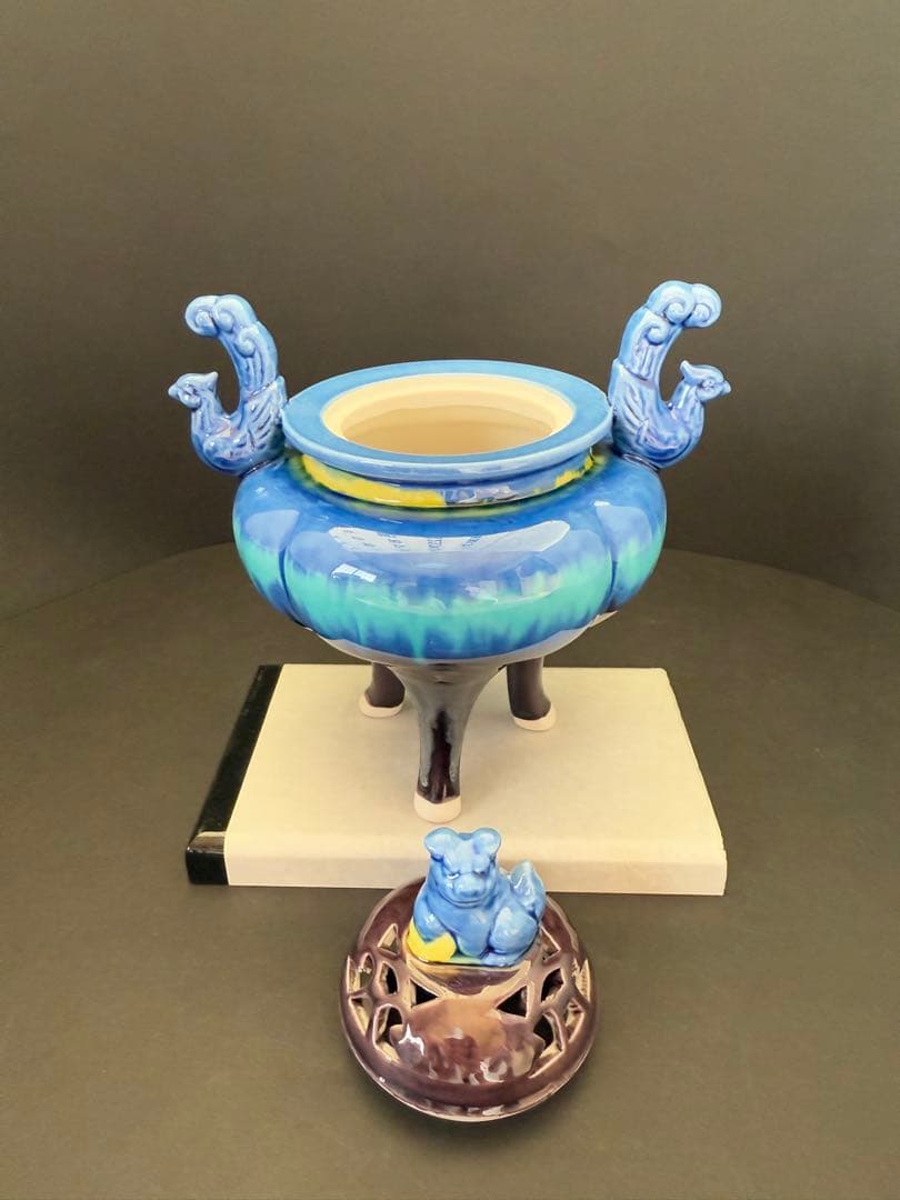 九谷焼　司峰作　獅子蓋　鳳凰耳付　香炉　送料込み