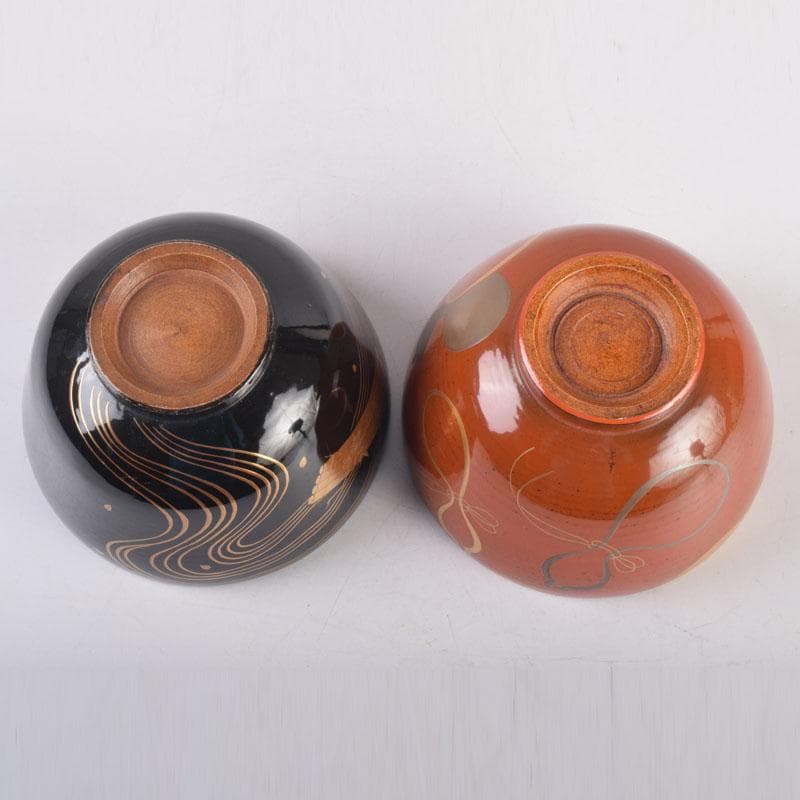 茶道具　春斎銘　陶蒔絵　黒塗　朱塗　波筏瓢箪蒔絵　茶碗　一対　V　8409