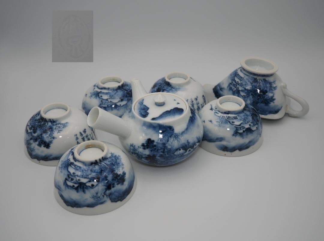 初代三浦竹泉 青華 山水風景漢詩図 急須/湯冷まし/茶碗5客