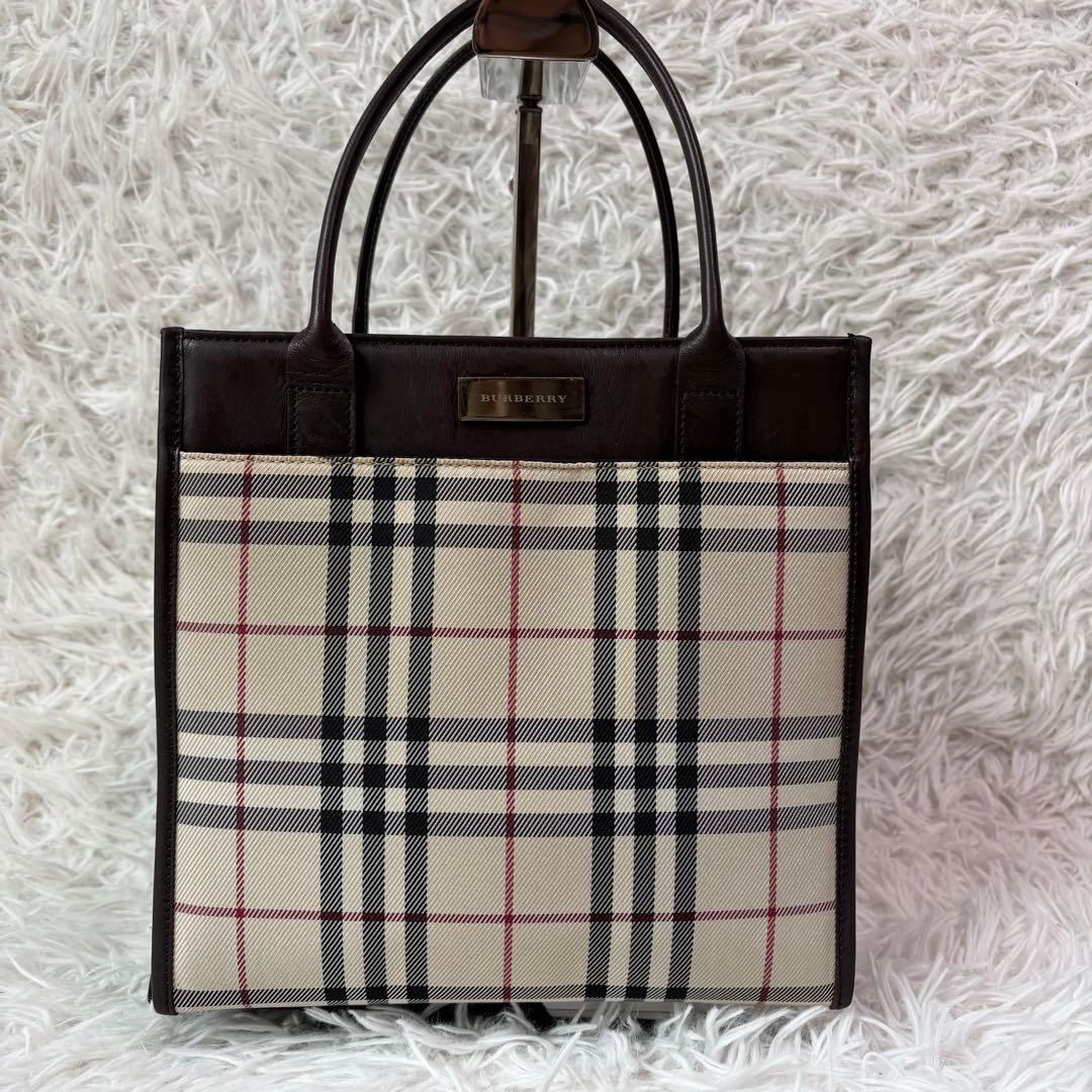 ✨極美品✨バーバリー ハンドバッグ ノバチェック ロゴプレート レザー×PVC
