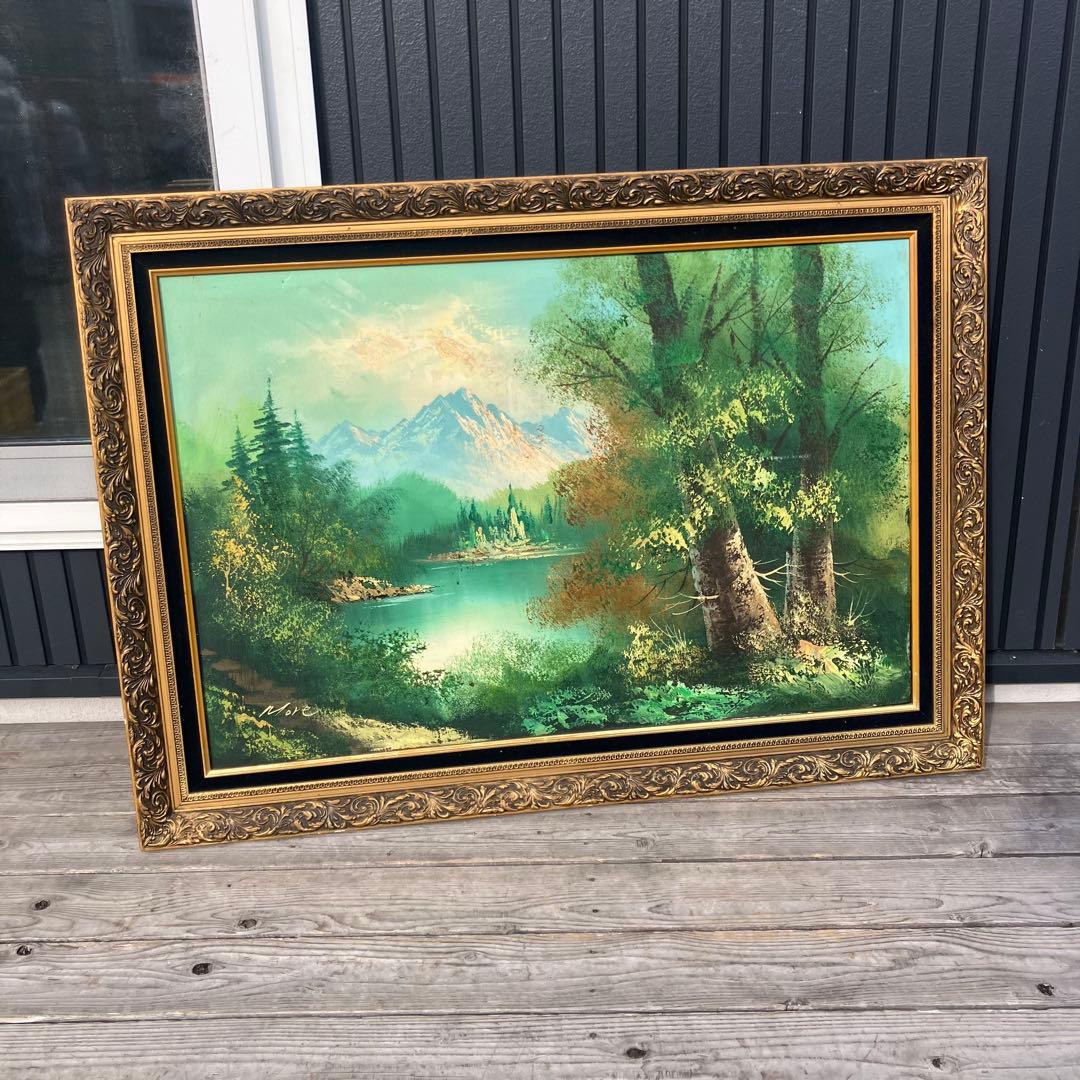 アンティーク More 山の湖畔 肉筆 油彩画 油絵 風景画 金縁額縁 額装絵画