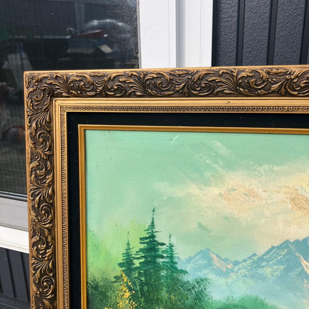 アンティーク More 山の湖畔 肉筆 油彩画 油絵 風景画 金縁額縁 額装絵画