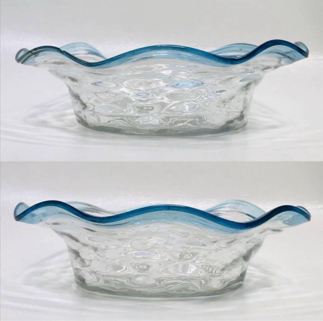 ★明治ガラス/和ガラス！綺麗な青縁鉢/気泡ガラス/氷ガラス★