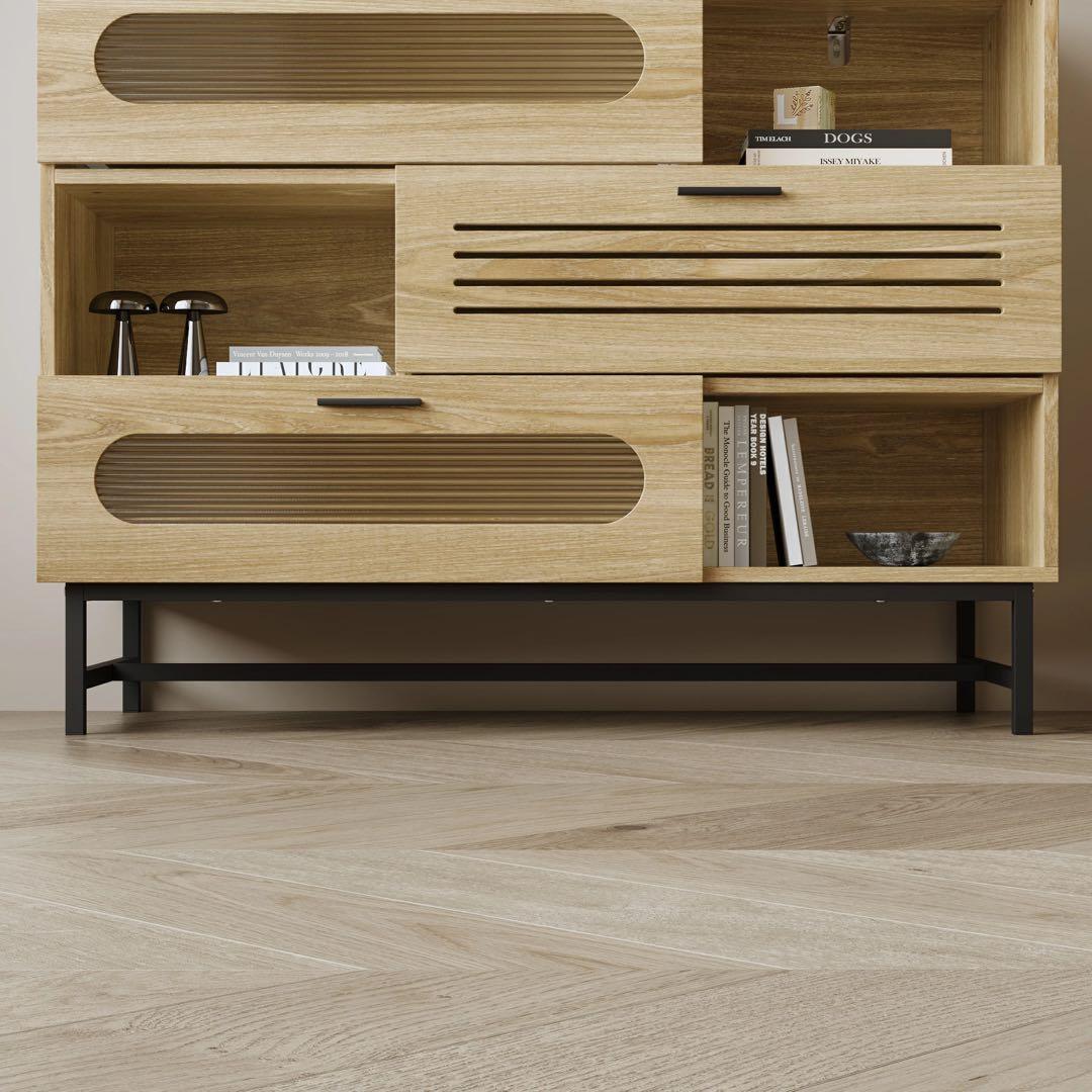 キャビネット サイドボード LEDライト付き 幅100cm 木目調 コンパクト