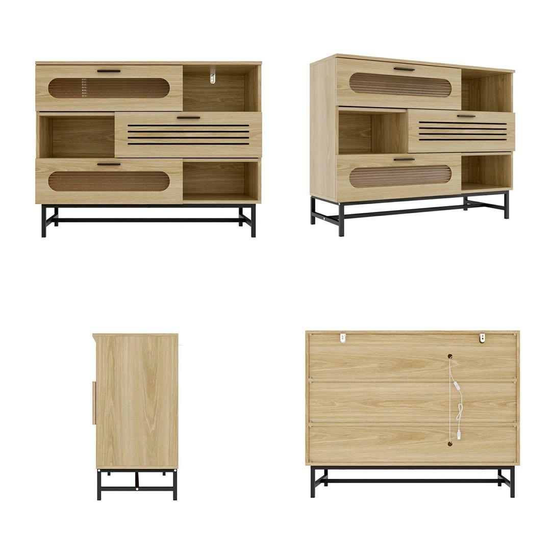 キャビネット サイドボード LEDライト付き 幅100cm 木目調 コンパクト