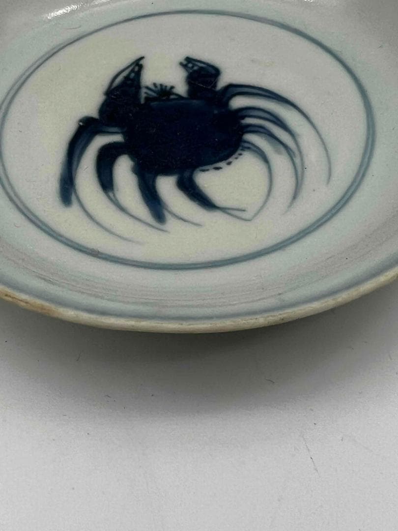 明時代　染付 青花蟹文盤一対　【希少貴重】【旧家蔵出し】　古染付皿(B-48)