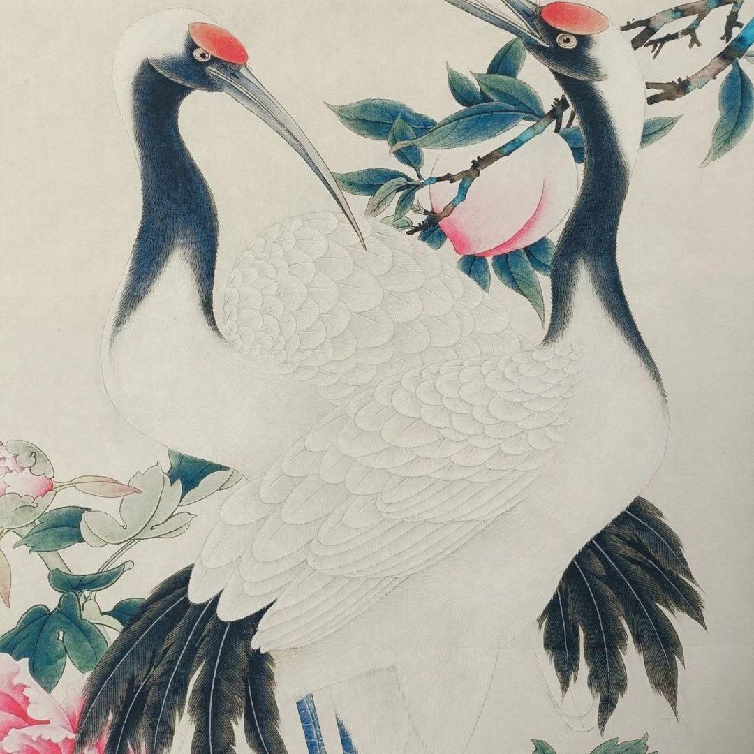 【複製掛軸・証書付】斉白石『賀寿図』中堂画　桃・丹頂鶴　70×173cm　花鳥画