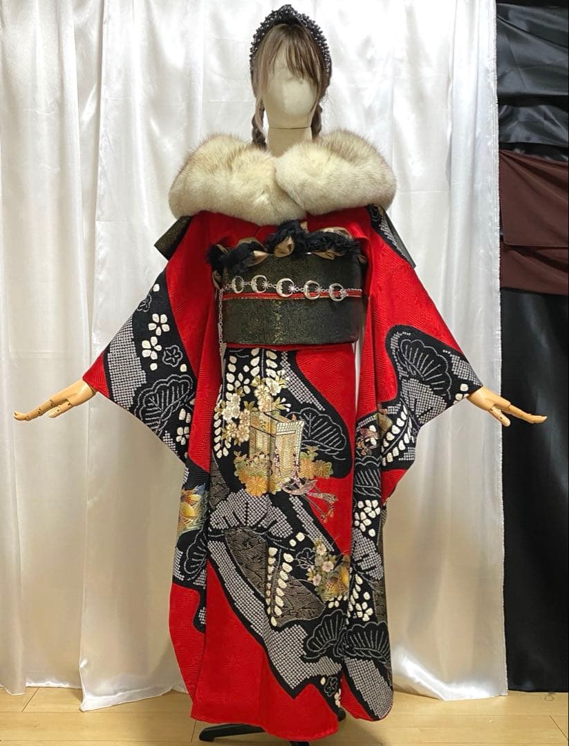 振袖 フルセット 絞り 赤黒 正絹