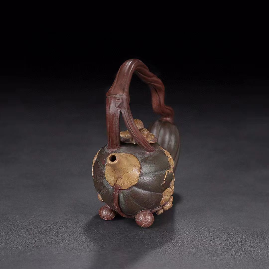 中国古美術・原鉱底槽清、紫砂泥、カボチャ提梁壺、汪寅仙紋 紫砂壺・急須